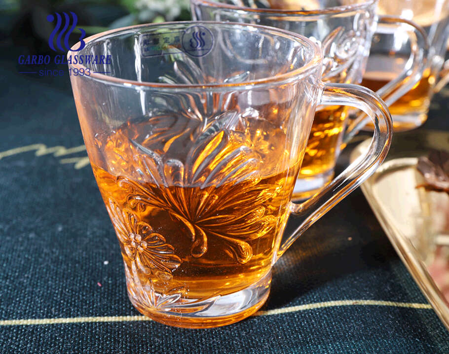 أكواب شاي زجاجية شفافة سعة 8 أونصة مع تصميمات زهرة وردية أكواب زجاجية كلاسيكية بمقبض كوب زجاجي على طراز الشرق الأوسط