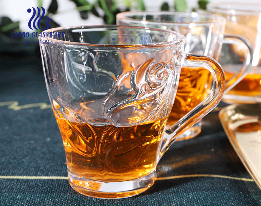 أكواب شاي زجاجية شفافة سعة 8 أونصة مع تصميمات زهرة وردية أكواب زجاجية كلاسيكية بمقبض كوب زجاجي على طراز الشرق الأوسط