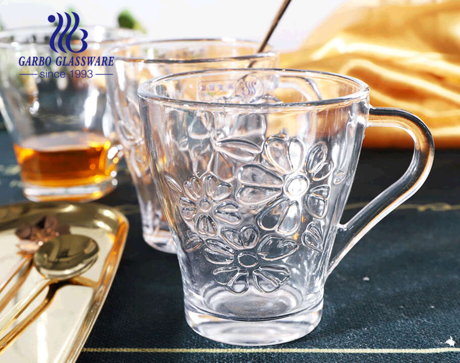 8oz stock clear glass tea mugs with rose flower designs classic glass cups with handle Middle East style glass cup  