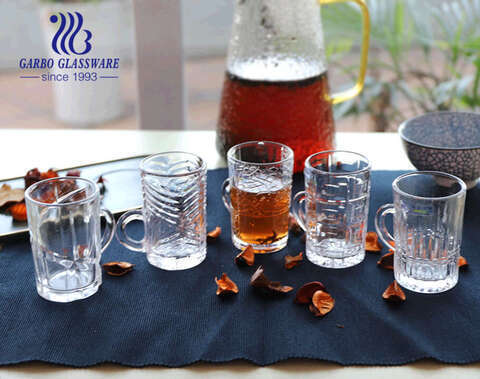 4oz little glass tea mugs with pattern designs Turkish style clear glass cups with handle 