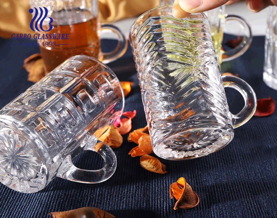 4oz little glass tea mugs with pattern designs Turkish style clear glass cups with handle 