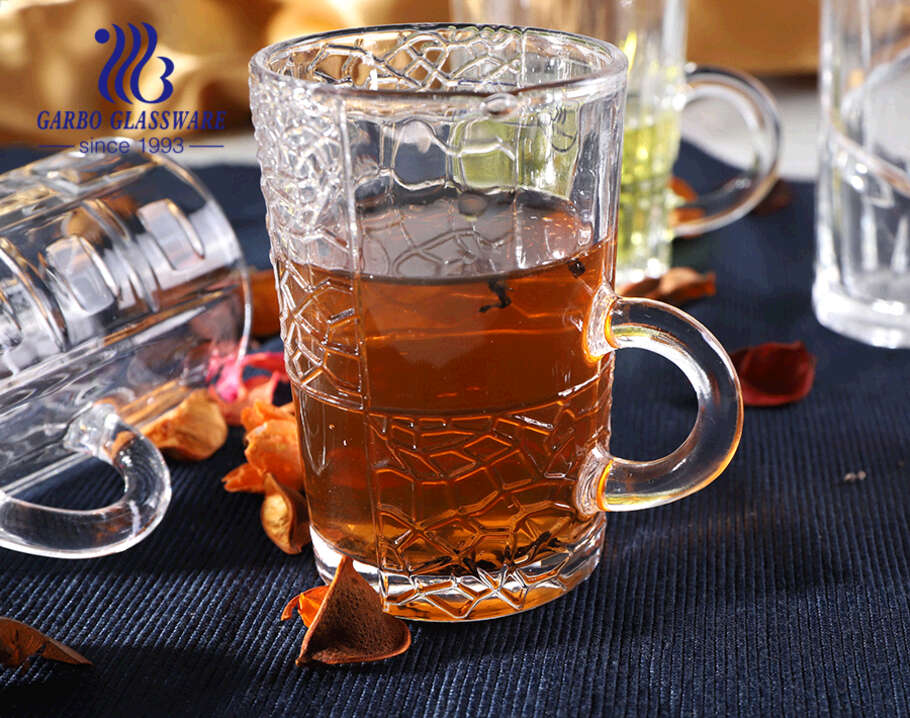 4oz little glass tea mugs with pattern designs Turkish style clear glass cups with handle 