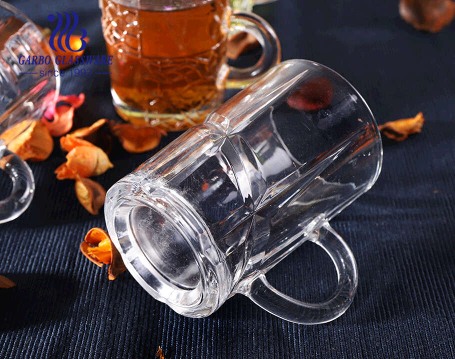 4oz little glass tea mugs with pattern designs Turkish style clear glass cups with handle 