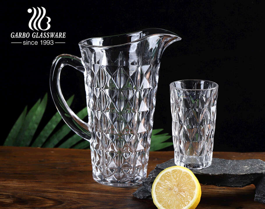 High-white classical rhombus diamond design water drinking jug set glass pitcher set with wide mouth