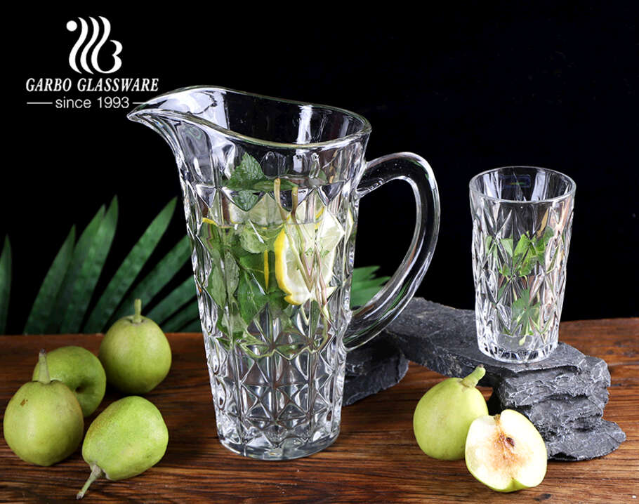 High-white classical rhombus diamond design water drinking jug set glass pitcher set with wide mouth