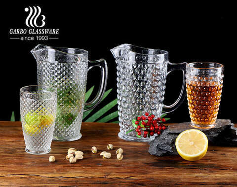 Wholesale factory 7 pcs high white embossed glass water drinking jug set with engraved dot pattern