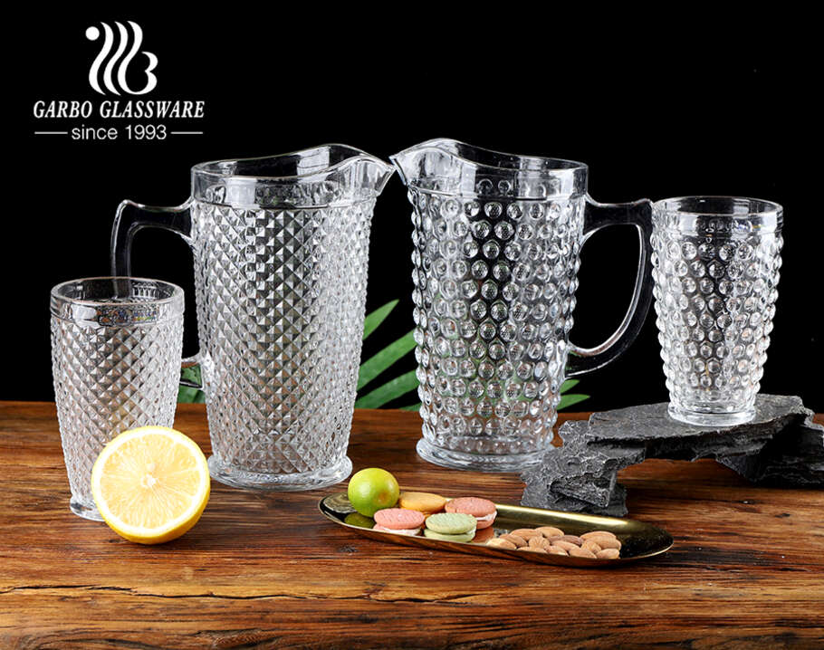 Wholesale factory 7 pcs high white embossed glass water drinking jug set with engraved dot pattern