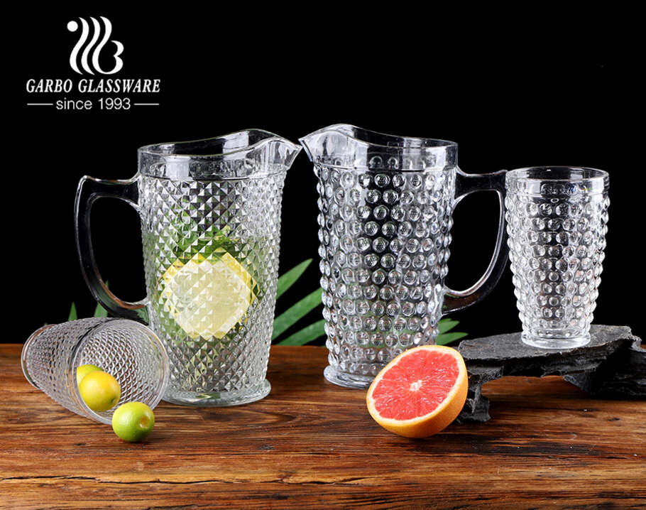 Wholesale factory 7 pcs high white embossed glass water drinking jug set with engraved dot pattern