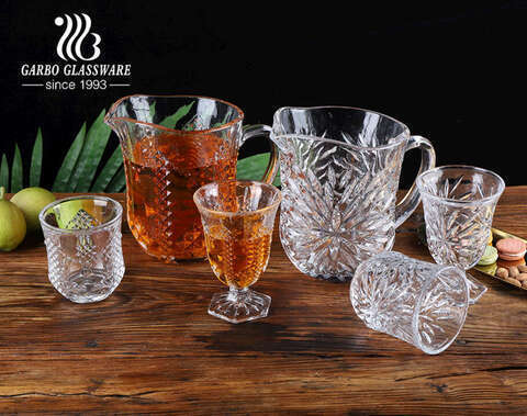 High-white glass beverage drinking wide mouth pitcher set with drinking goblet engraved design for daily use