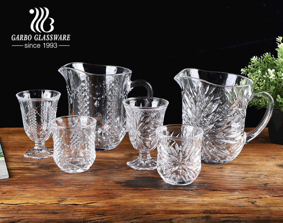 High-white glass beverage drinking wide mouth pitcher set with drinking goblet engraved design for daily use