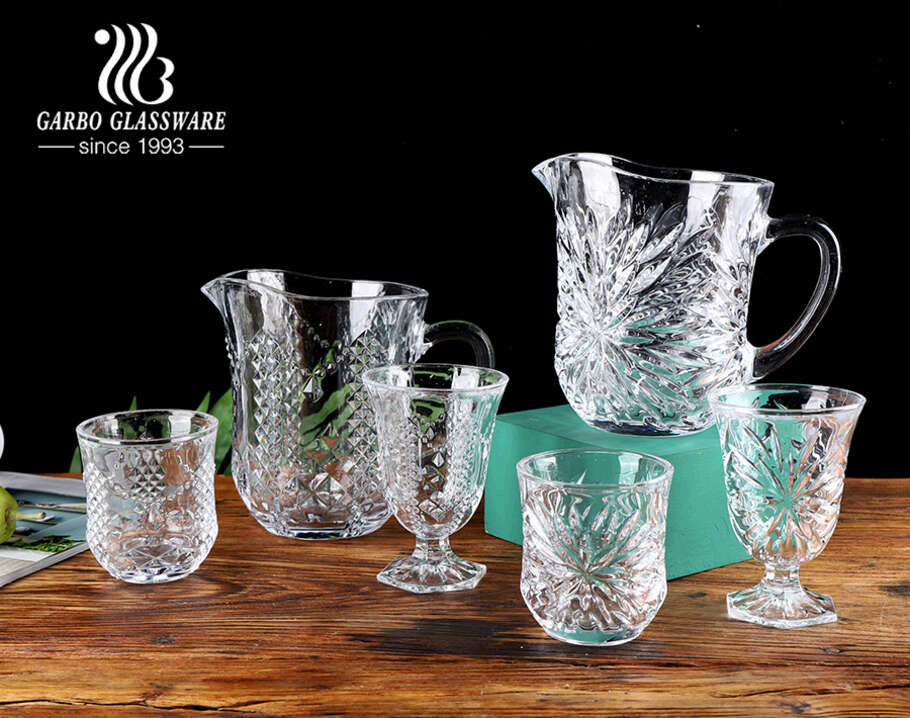High-white glass beverage drinking wide mouth pitcher set with drinking goblet engraved design for daily use