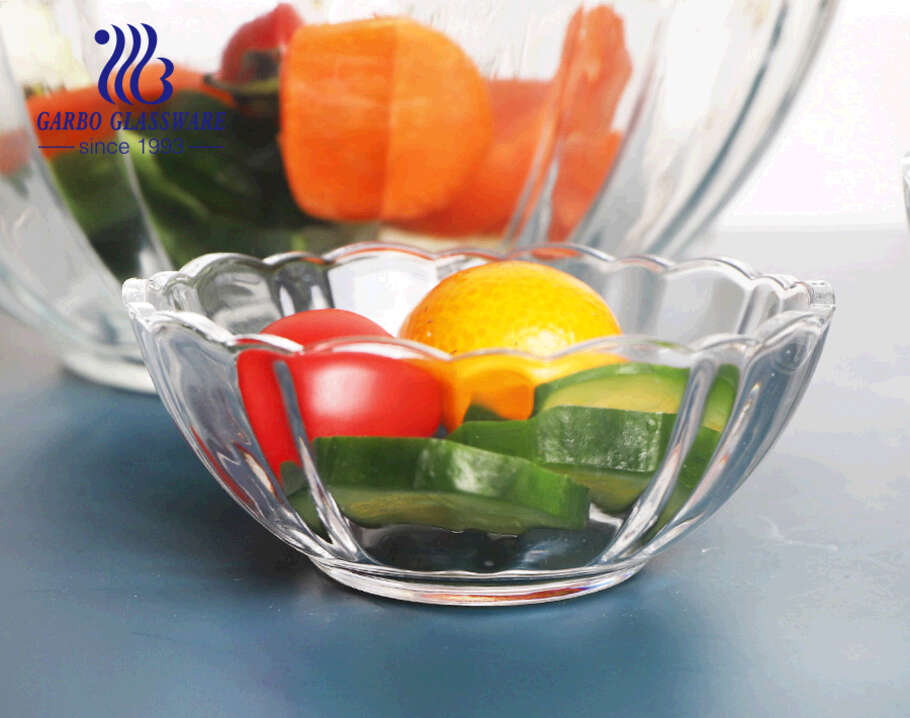 Tigela de frutas de salada de vidro transparente de grande capacidade para atacado com formato de flor de lótus e design personalizado para fábrica