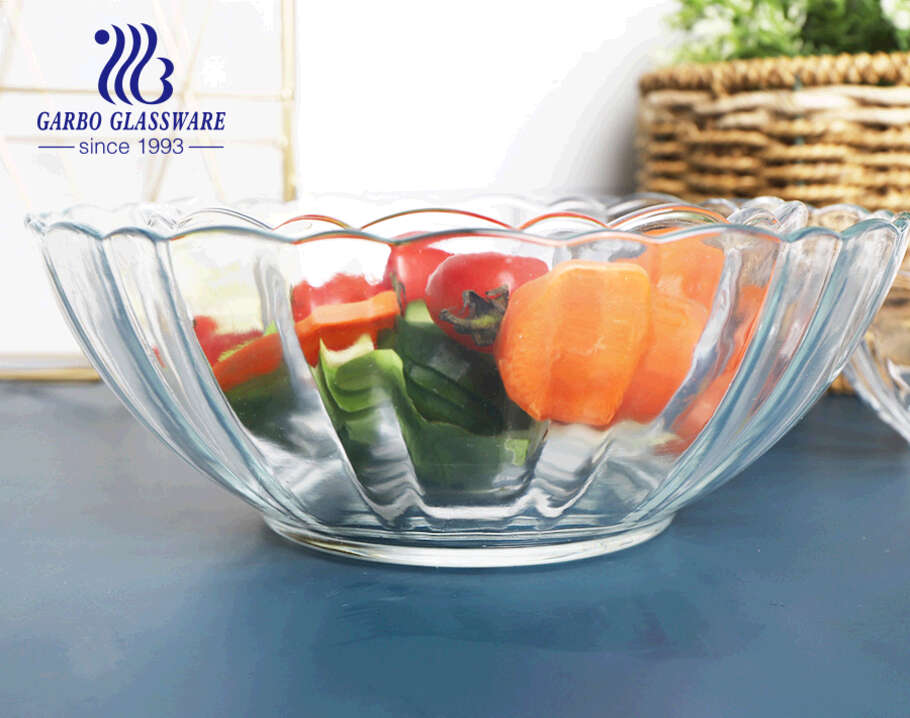 Tigela de frutas de salada de vidro transparente de grande capacidade para atacado com formato de flor de lótus e design personalizado para fábrica