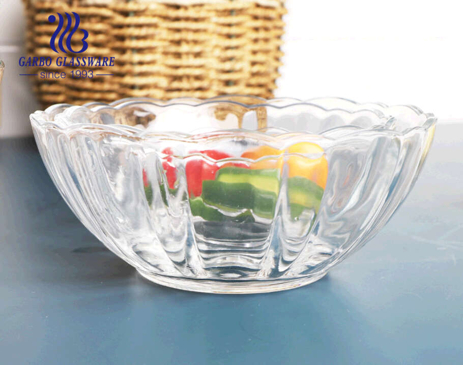 Tigela de frutas de salada de vidro transparente de grande capacidade para atacado com formato de flor de lótus e design personalizado para fábrica