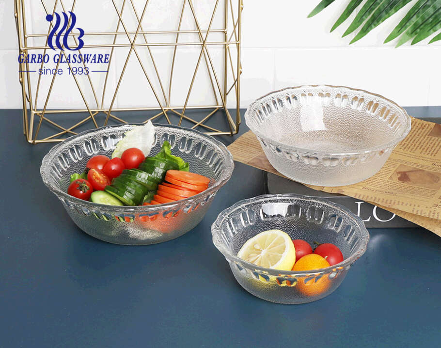 Kích thước lớn giá rẻ phong cách châu Phi nhà máy thủy tinh salad trái cây tô táo với vành mờ màu tùy chỉnh