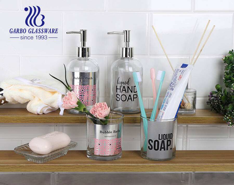 Factory cheap machine-made gift box glass bathroom accessories set with customized decal for kitchen bathroom hotel home