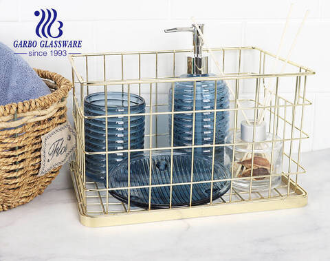 Hotel supplier royal blue glass bathroom accessories dispenser soap dish cup with customized design