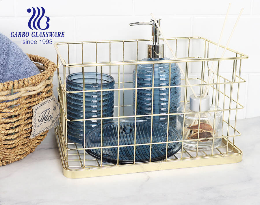 Hotel supplier royal blue glass bathroom accessories dispenser soap dish cup with customized design