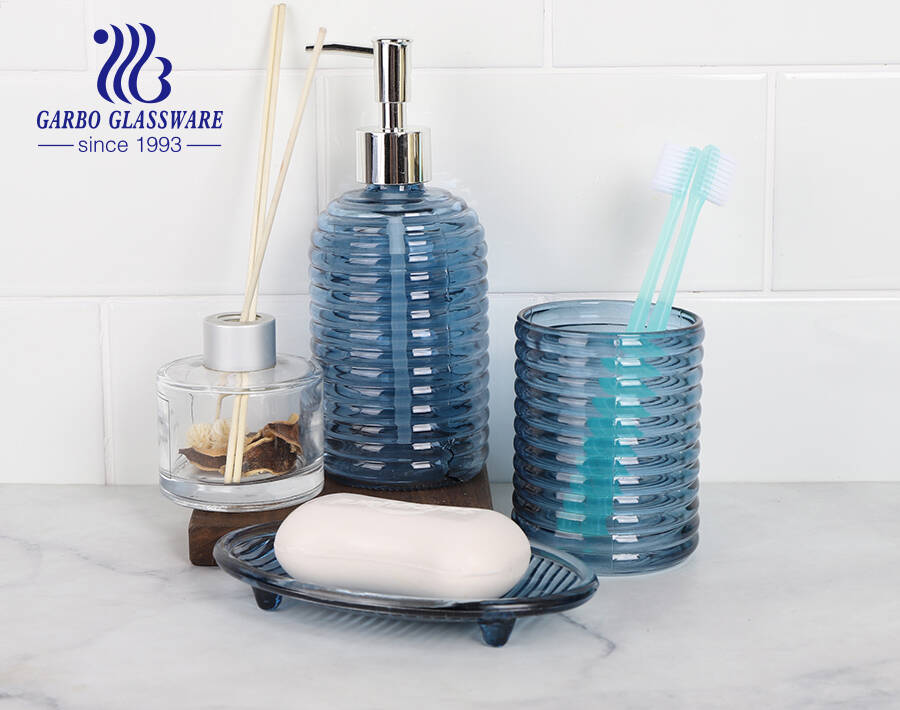 Hotel supplier royal blue glass bathroom accessories dispenser soap dish cup with customized design