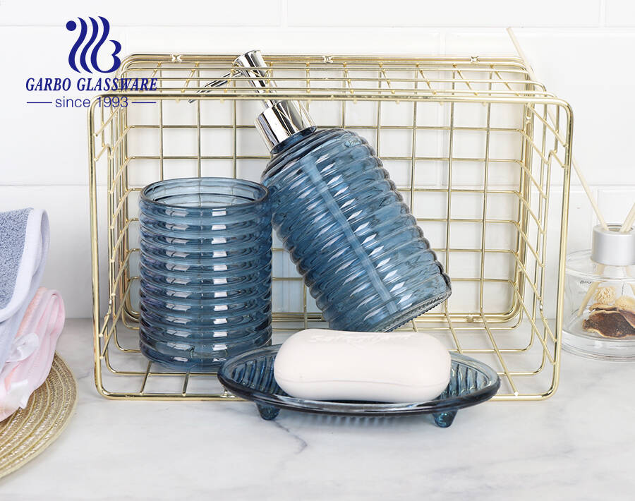 Hotel supplier royal blue glass bathroom accessories dispenser soap dish cup with customized design