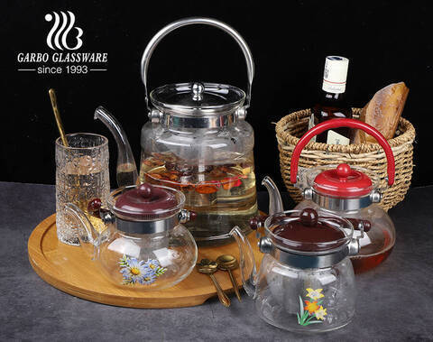 Teiera in vetro con infusore rimovibile per tè caldo/freddo, set per tè in fiore e foglie sfuse con manico ripiegato