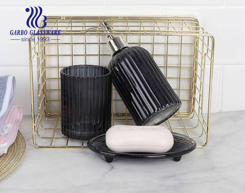 Factory high-end spraying colored black glass bathroom accessories set hotel glass bottle dish cup for shower