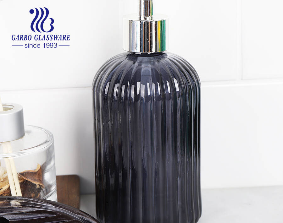 Factory high-end spraying colored black glass bathroom accessories set hotel glass bottle dish cup for shower