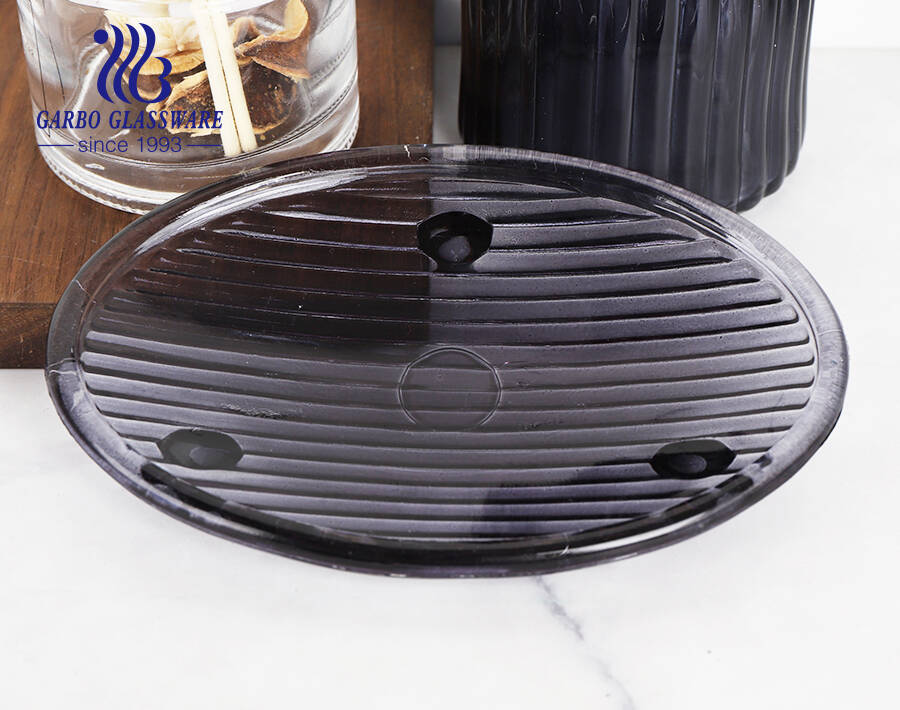 Factory high-end spraying colored black glass bathroom accessories set hotel glass bottle dish cup for shower