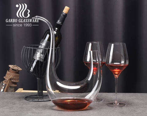 Custom logo premium unique elegant swan Curved harp shape lead free crystal red wine decanter glass