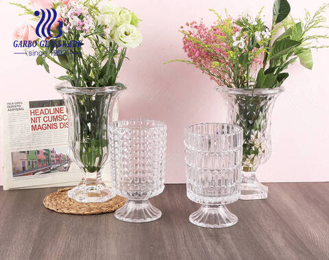 Plaid pattern glass holder flora vase  crystal transparent tabletop 7 inches height  glass collection holder 