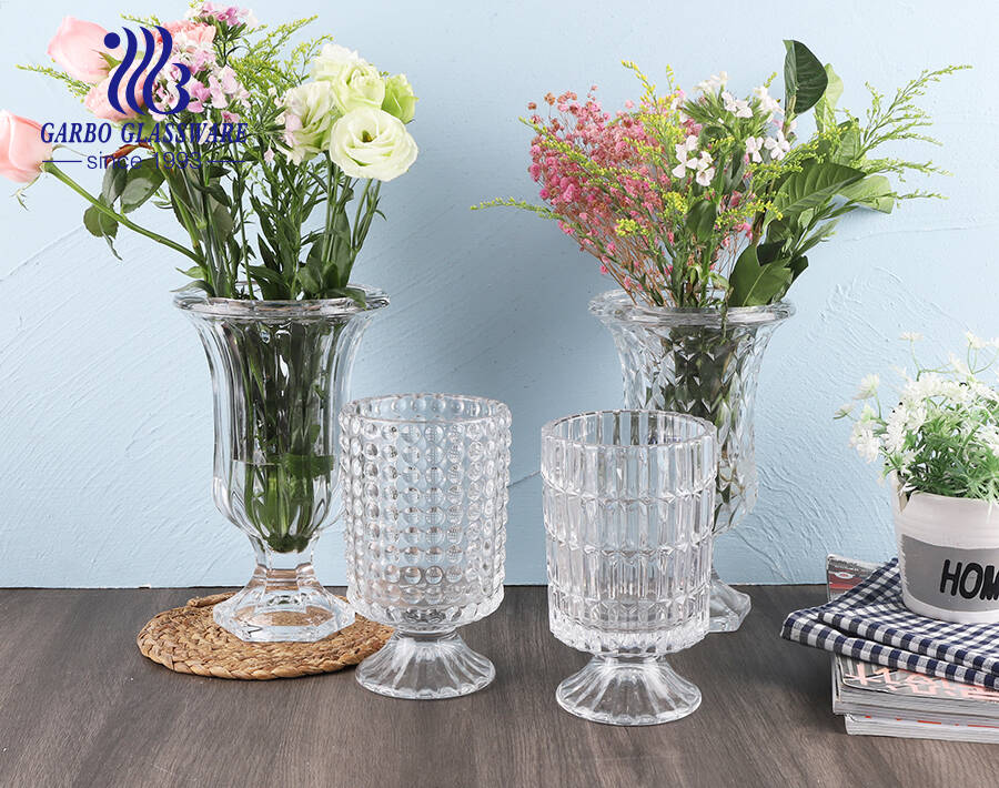 Plaid pattern glass holder flora vase  crystal transparent tabletop 7 inches height  glass collection holder 