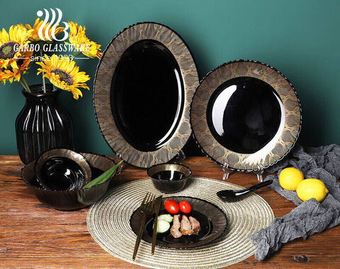 Cheap 33pcs elegant custom OEM decal heat resistance opal glass tableware tempered black opal glass dinnerware sets
