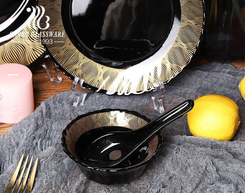 Cheap 33pcs elegant custom OEM decal heat resistance opal glass tableware tempered black opal glass dinnerware sets