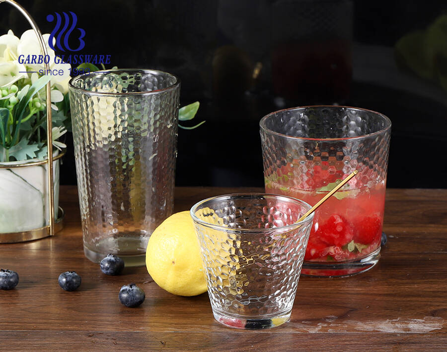 Worldwide popular glass tumbler with honeycomb embossing in multi sizes 5-12oz