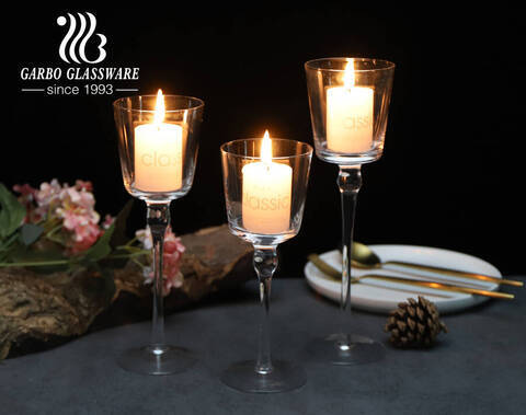 Wholesale handmade tall long stemmed clear glass candle holders decoration