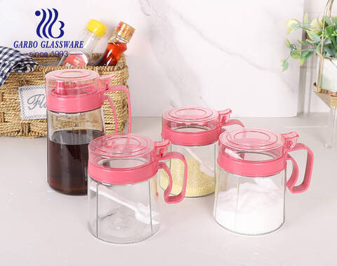 Set di scatole per condimenti in vetro trasparente per zucchero, pepe, sale, spezie con coperchio a cucchiaio per conservare barattolo di condimenti da cucina e bottiglia di olio
