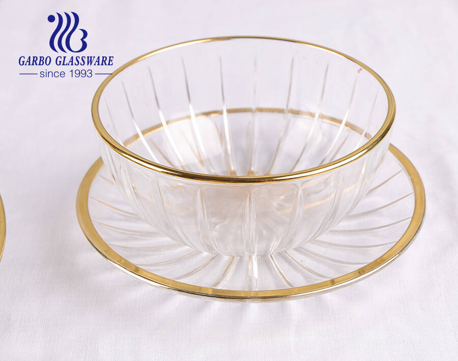 6 Inch H Shape Embossed High White Glass Plate with Golden Rim in Series Hot Sale in Europe 