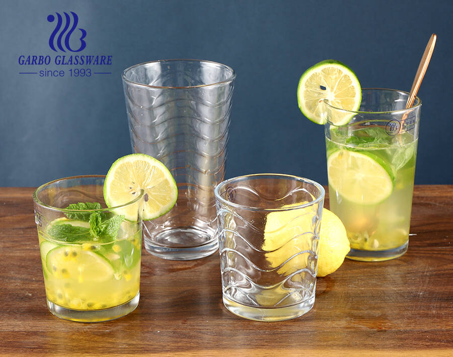 250ML-450ML wave stripe embossing glass drinking tumblers with optional medium or high transparency