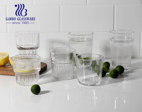 Worldwide popular elegant brand in stock glass tumblers with stripes embossing