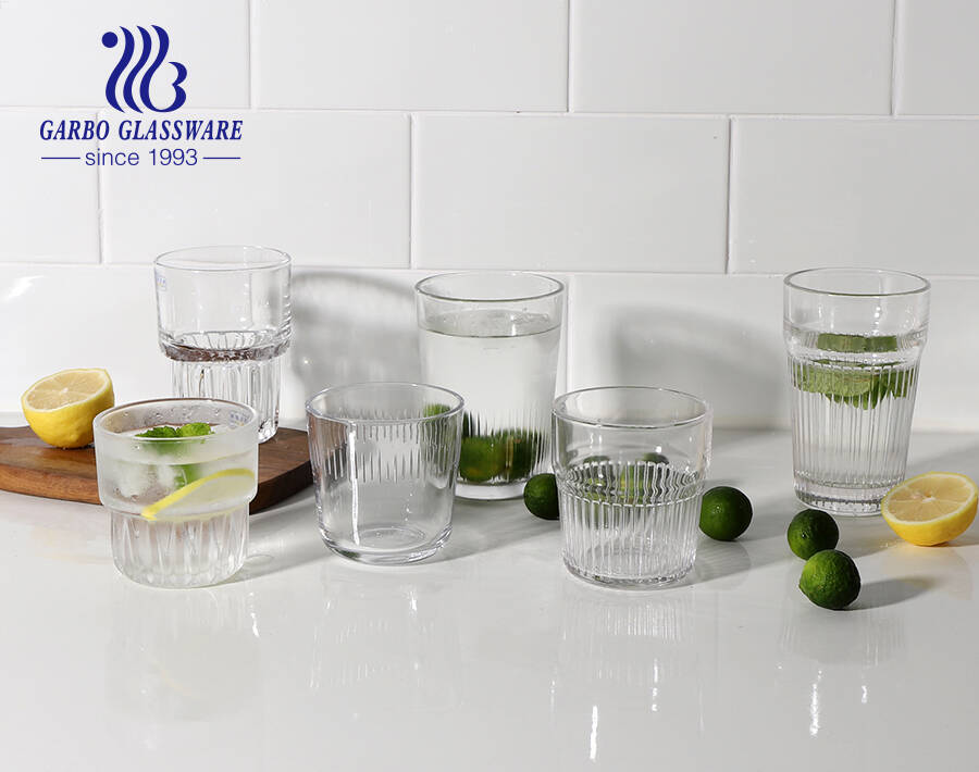 Worldwide popular elegant brand in stock glass tumblers with stripes embossing