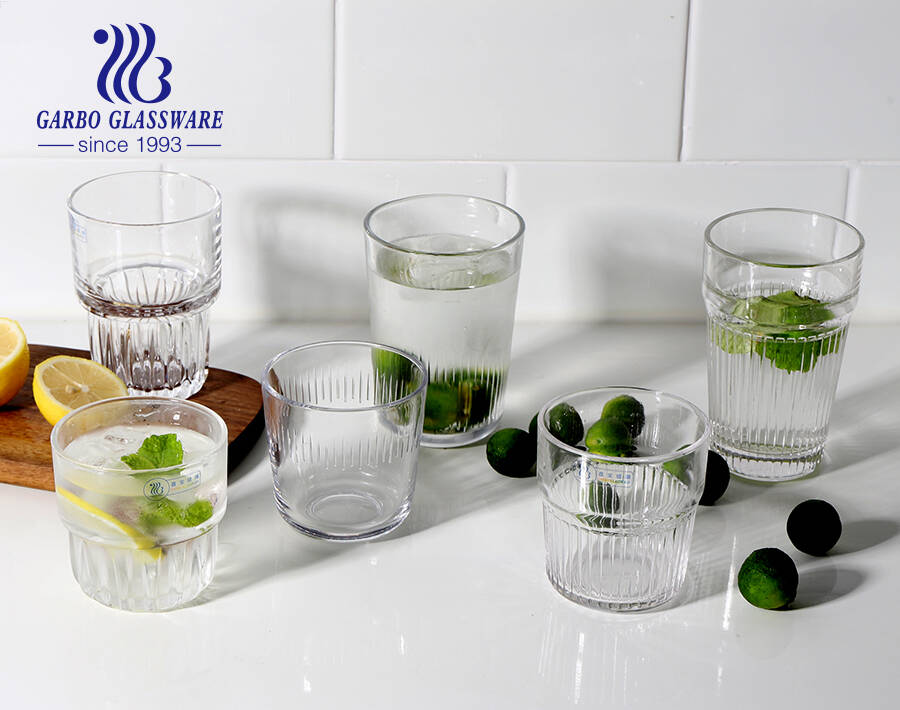 Worldwide popular elegant brand in stock glass tumblers with stripes embossing