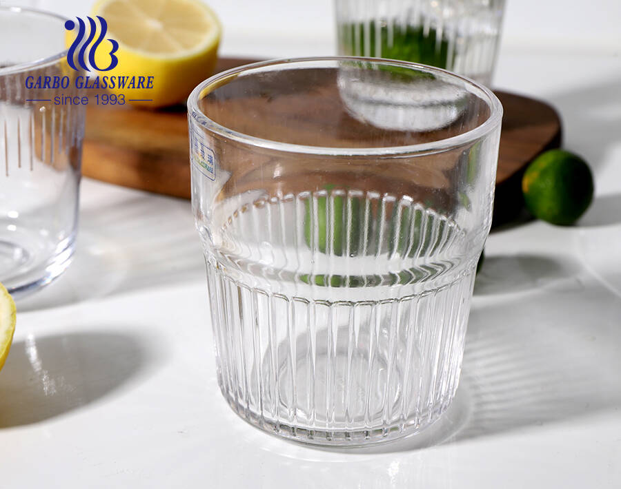 Worldwide popular elegant brand in stock glass tumblers with stripes embossing