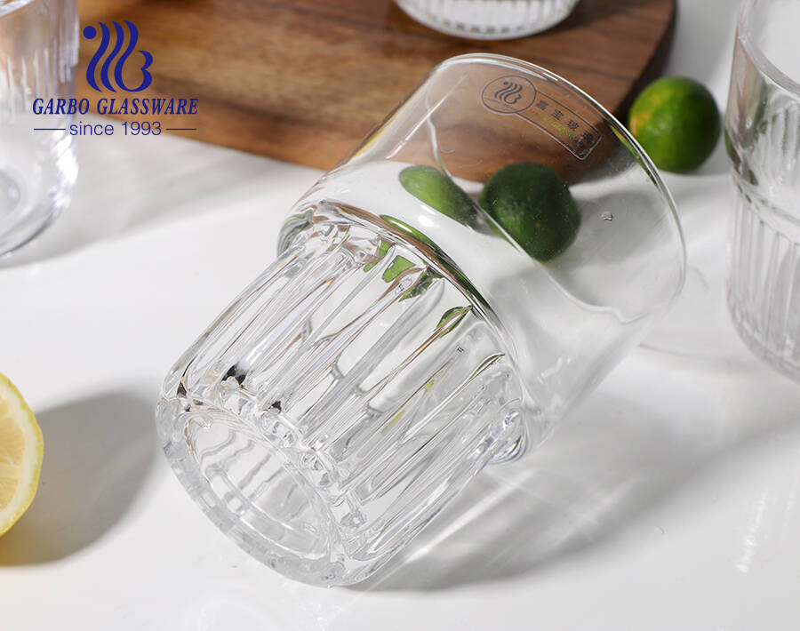 Worldwide popular elegant brand in stock glass tumblers with stripes embossing