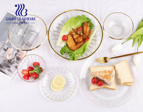 Оптовая продажа, современные уникальные модные кружевные тарелки с ободом, набор золотых стеклянных тарелок для свадьбы, дешевая стеклянная зарядная тарелка