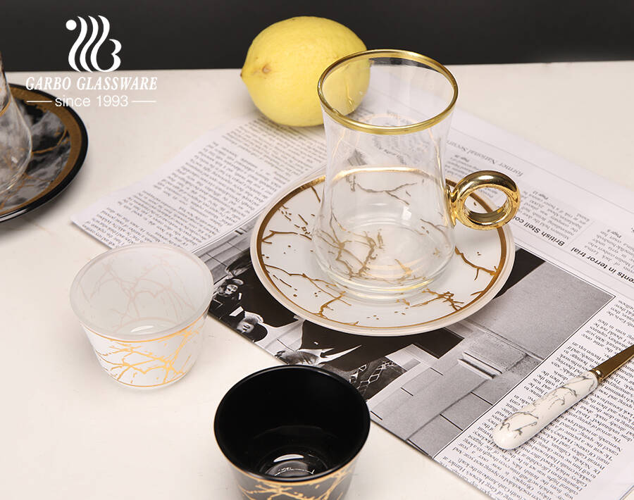 High-end Arabic style glass tea cup saucer set with golden marble design golden rim for cafe use