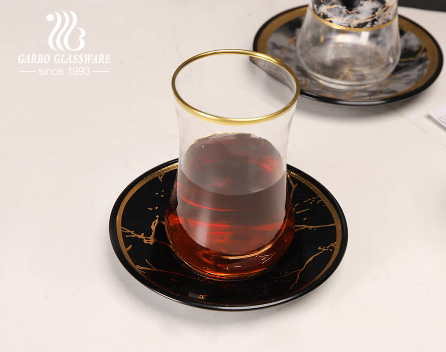 High-end Arabic style glass tea cup saucer set with golden marble design golden rim for cafe use