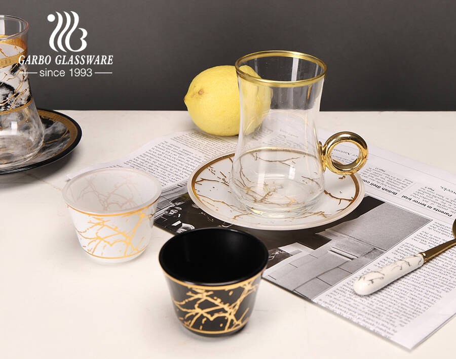 High-end Arabic style glass tea cup saucer set with golden marble design golden rim for cafe use