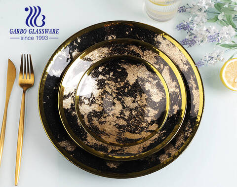 Luxuriöses Design, galvanisiert, goldfarbenes, schwarzes Glas, Servierplatte mit Goldrand, hergestellt in China