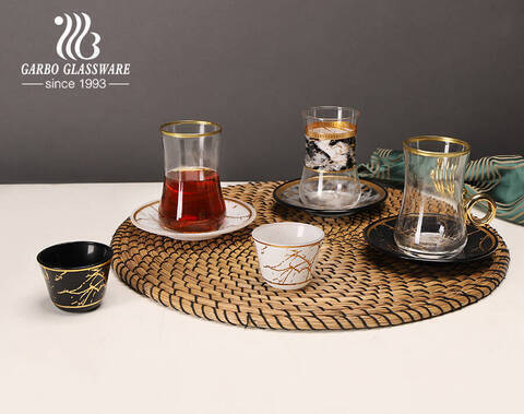 Handmade Middle East style turkish glass tea cup saucer set with cawa glass for home cafe coffee