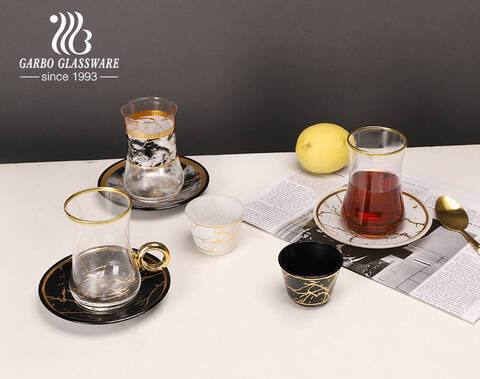 High-quality gift item machine blown marble design classical golden decals with golden rim tea cup saucer set